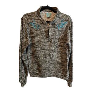 COWGIRL HARDWARE ZIP UP TOP SIZE SMALL 100% COTTON TEAL EMBROIDERY HEATHER GREY